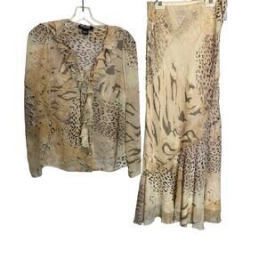Votre Nom Pure Silk Leopard Print 2pcs Suit Blouse and Skirt size Small